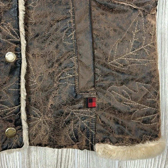Woolrich Saddle Brown Leaf Embroidered Faux Leather Faux Fur Lined Vest Sz M - Picture 5 of 14
